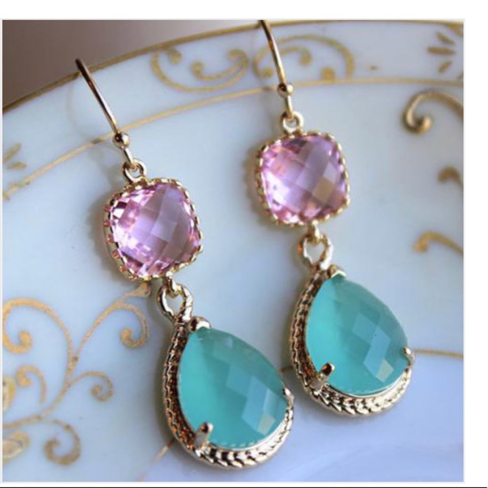 Pacific Aqua Mint Earrings Pink Gold Earrings